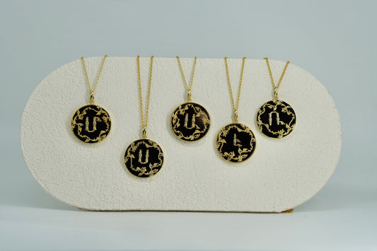 Leaf Onyx Initial Pendant