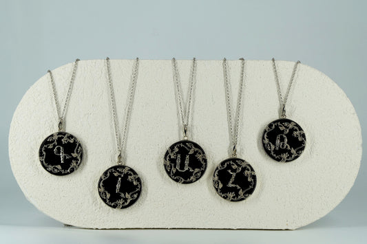 Black Onyx Silver Initial Necklace