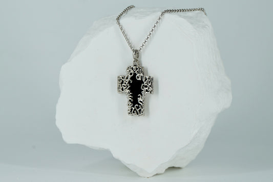Black Onix Silver Cross Necklace