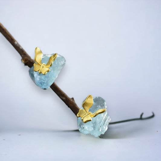 Aquamarine Earrings Gold Butterfly