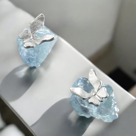 Aquamarine Earrings Silver Butterfly