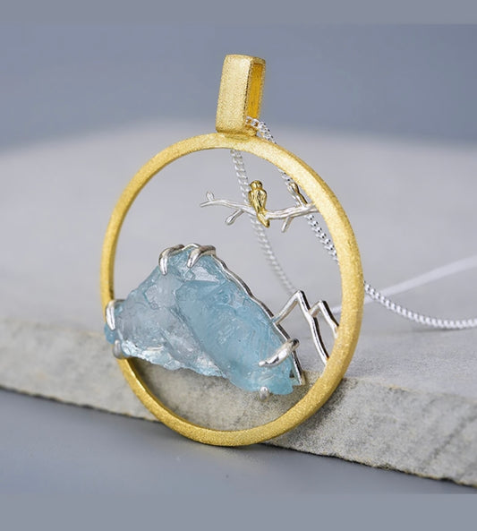Aquamarine Necklace Golden Round