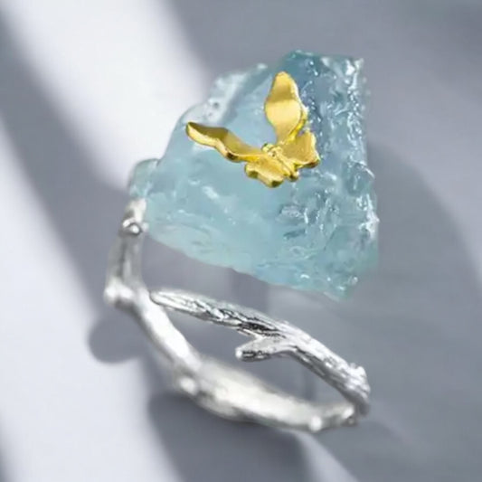 Aquamarine Ring Gold Butterfly