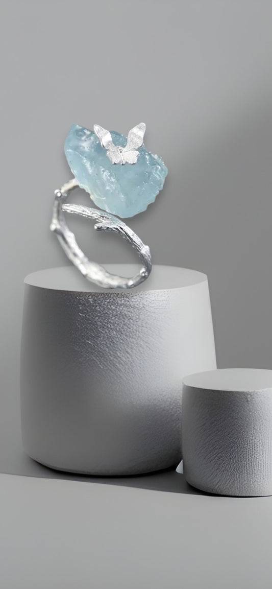 Aquamarine Ring Silver Butterfly