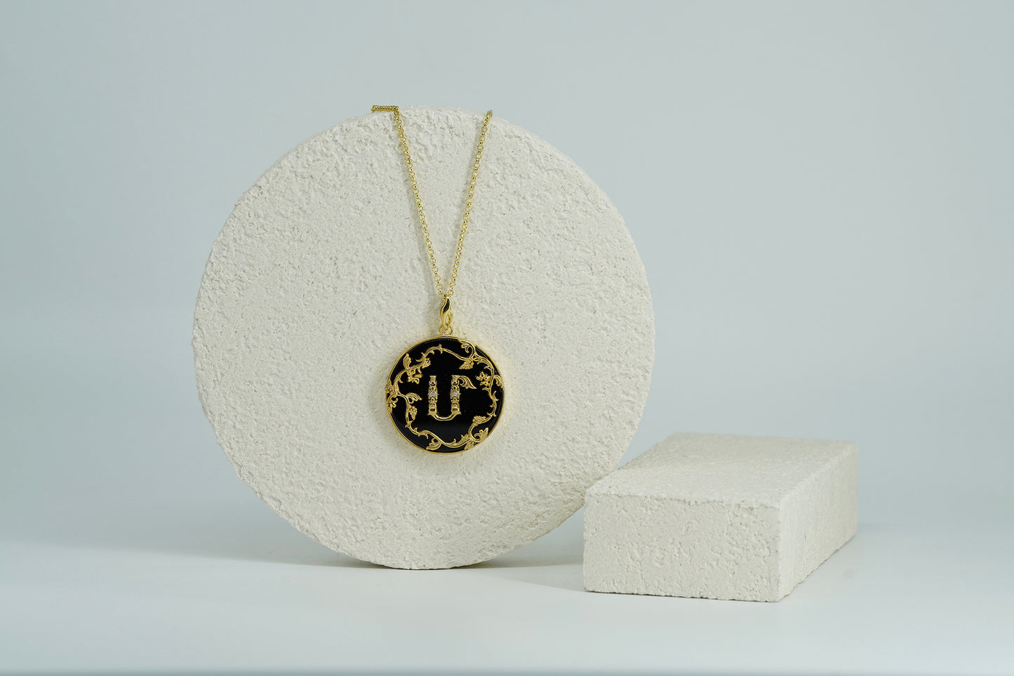 Leaf Onyx Initial Pendant